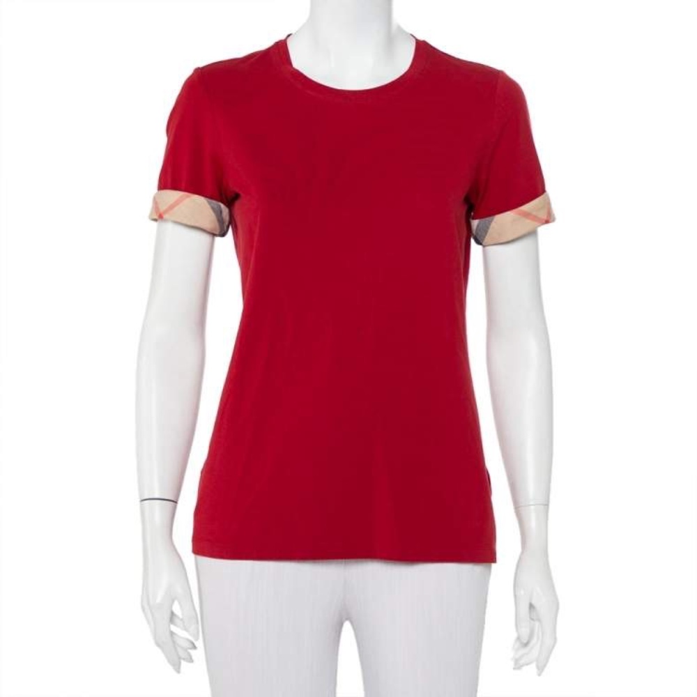 Burberry Brit Red Cotton Check Sleeve Cuff Detail Crewneck